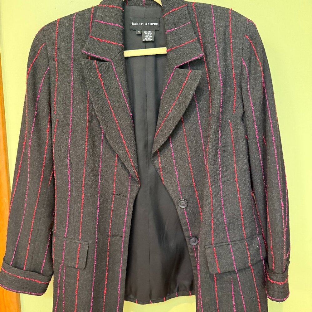 Randy Kemper Dark Grey Pinstripe Blazer – Red & Pink Stripes | Size 14